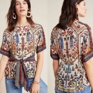 ANTHROPOLOGIE x VINEET BAHL Meknes Colorful Boho Tie Front Embroidered Top Sz XS